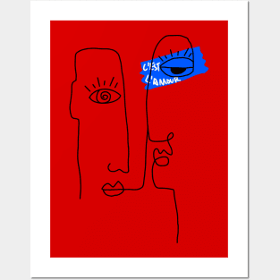 Abstract Picasso style One line art two face - C'est l'amour Posters and Art